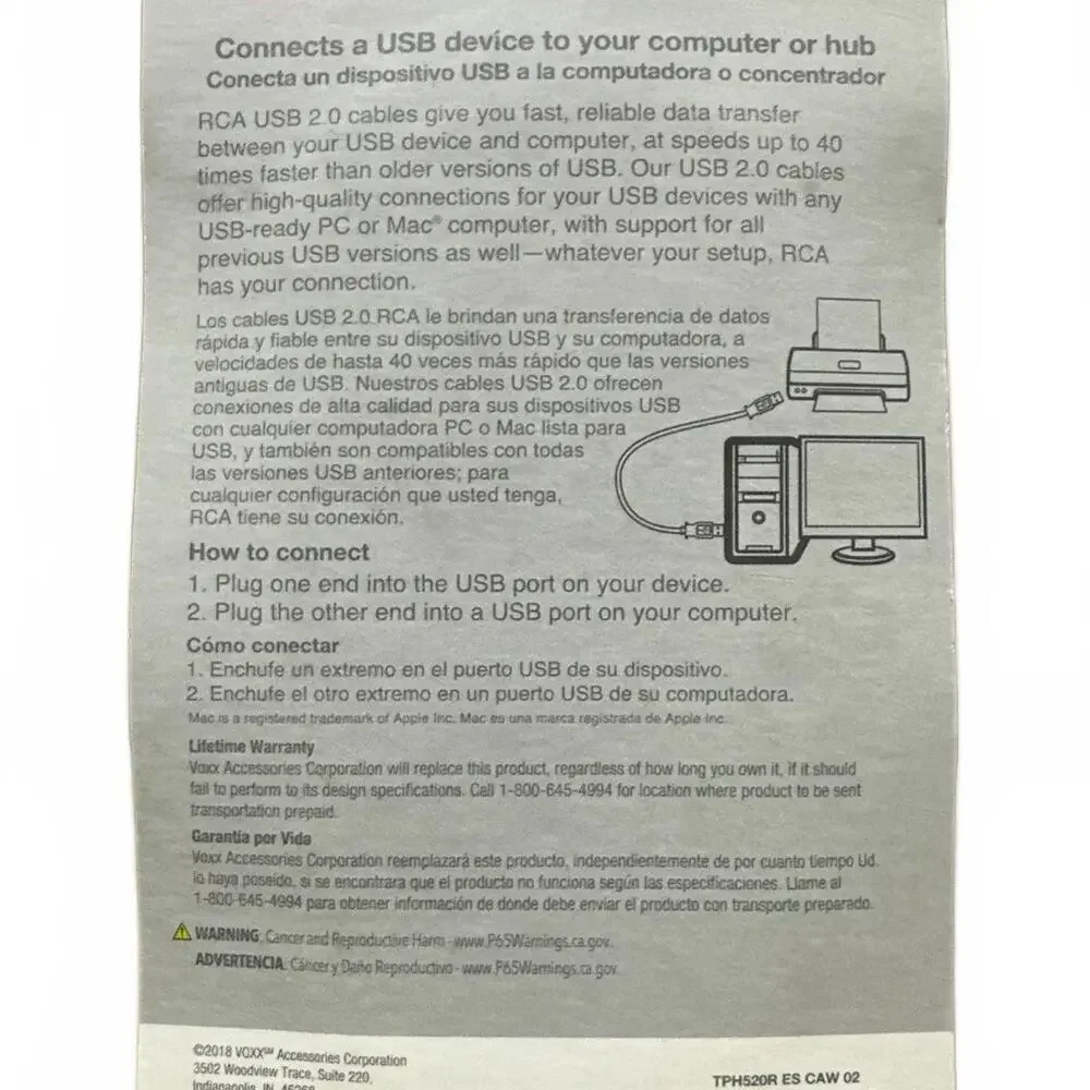 RCA Computer USB 2.0 A to B Cable 6-Feet (TPH520R)